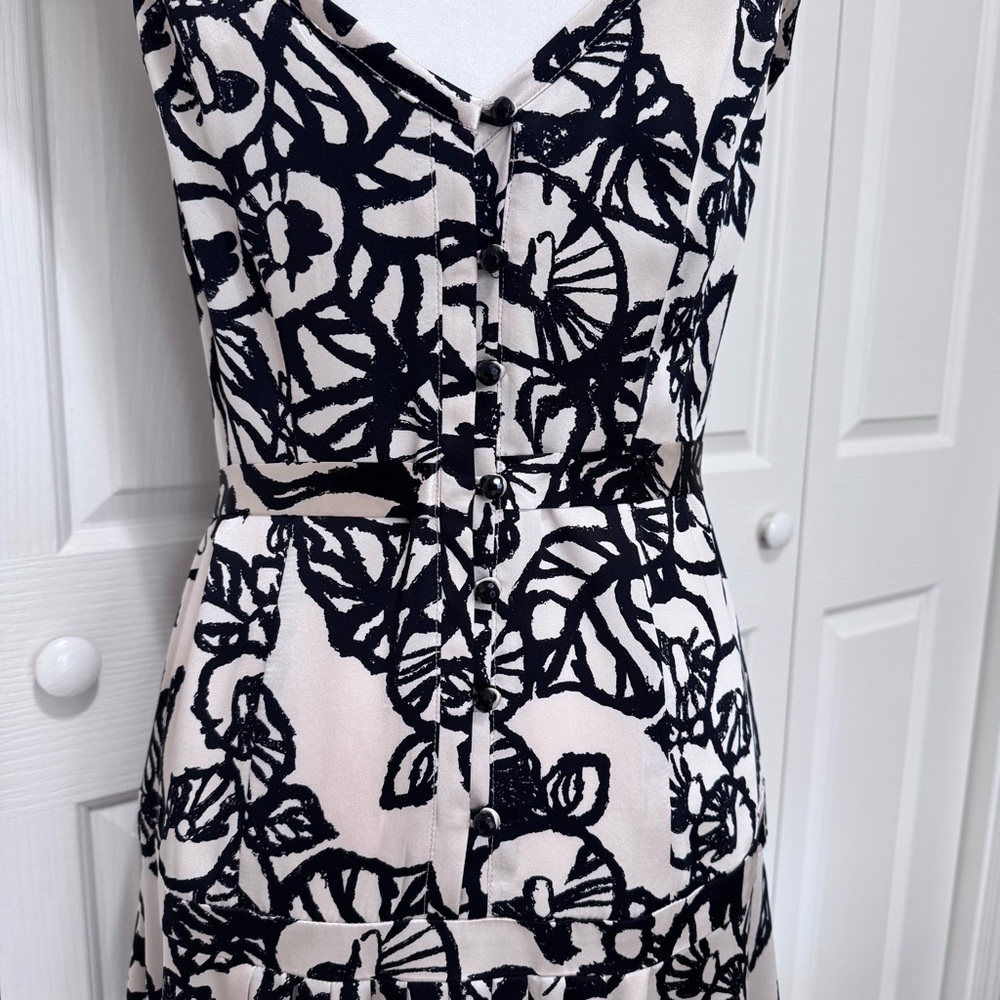 Tracy Reese 100% Silk Black Ivory Belted Drop Waist Midi Dress 8 - Picture 9 of 16